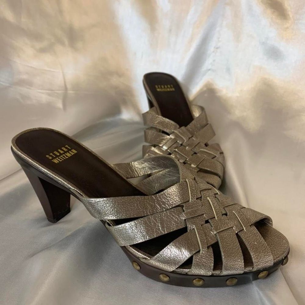 STUART WEITZMAN Metallic Woven Peep Toe Leather Mules